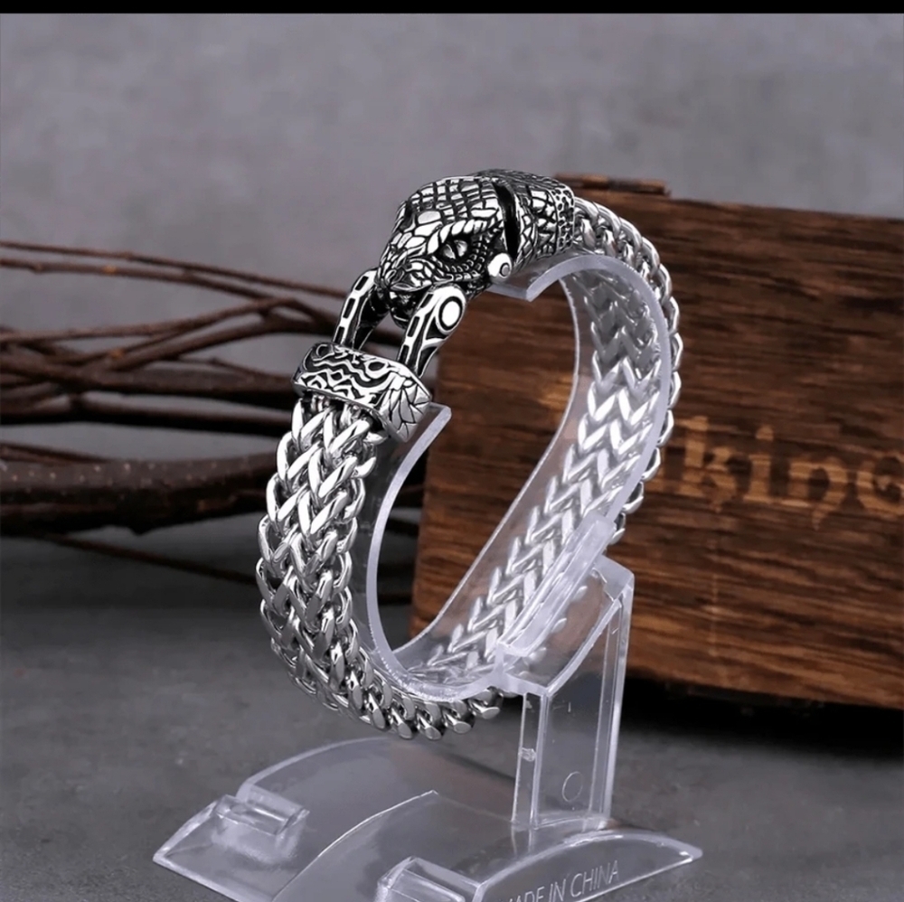 Nordic Viking Stainless Steel Snake Head Men Bracelet 9"